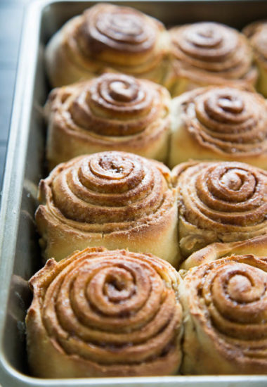 photo of baked cinnamon rolls in a pan