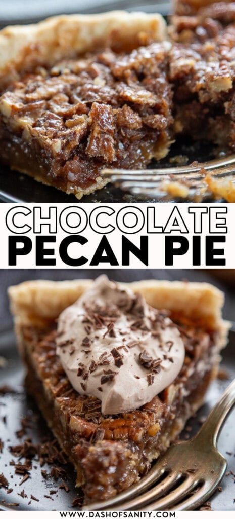 collage image of chocolate pecan pie with recipe title