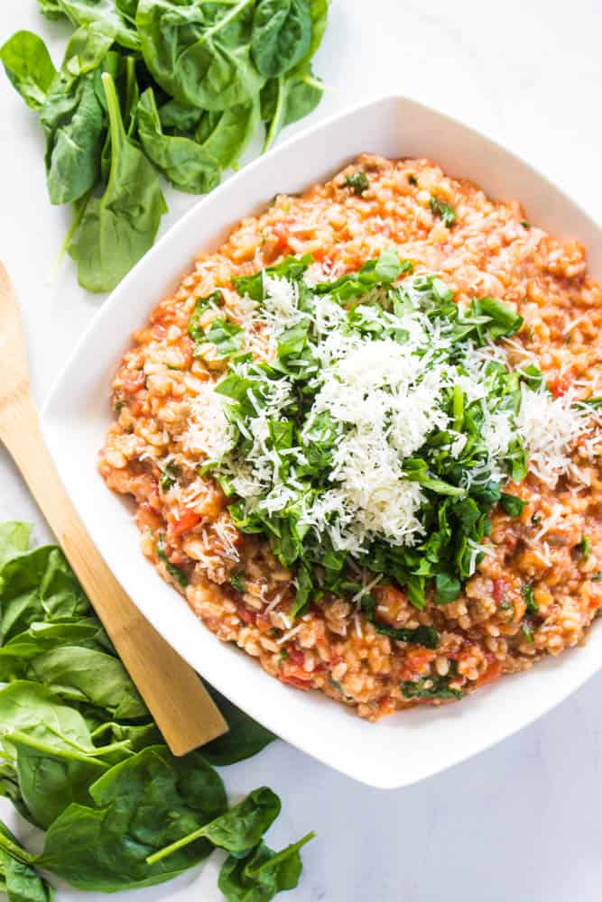 Tomato Sausage Risotto - Ready in 45 minutes & bursting with flavor. Your whole family will love this classic cheesy, creamy Italian dish.