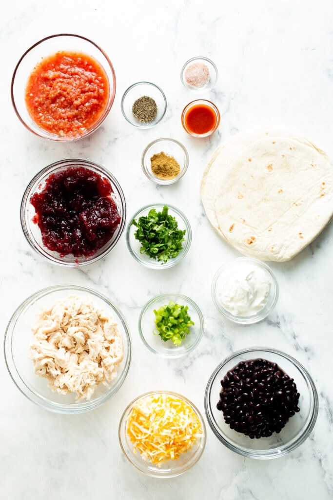 Ingredients measured out in bowls 