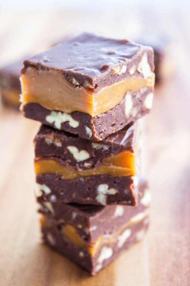 a stack of three pieces of fudge.