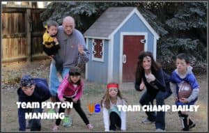 picture of sandra's family with text "team peyton manning" and "team champ bailey"