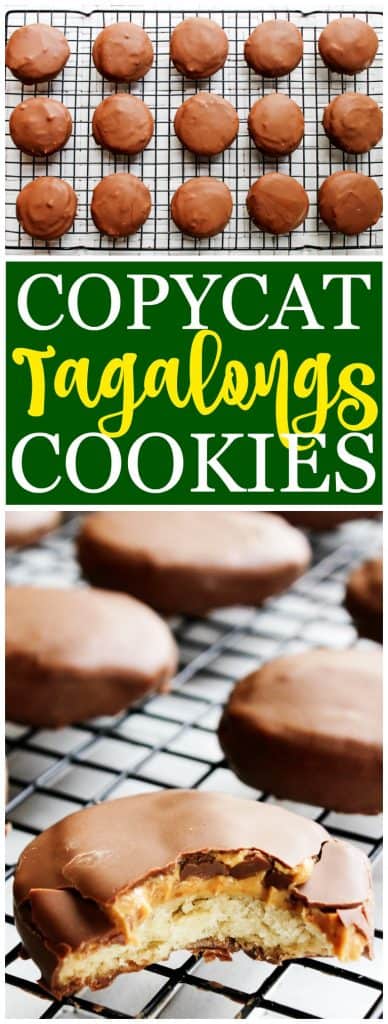 top photo: overhead of tagalong cookies bottom photo: close up of tagalong cookies with bite taken out