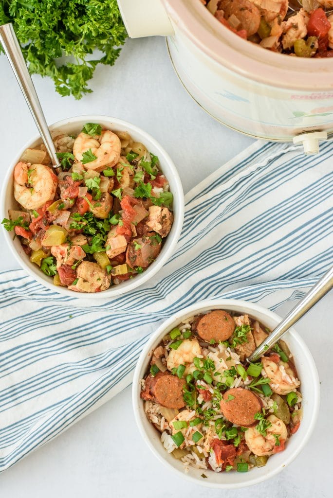 overhead photo two bowls o jambalaya