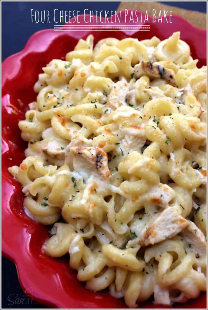 overhead shot of cheesy noodles with chicken