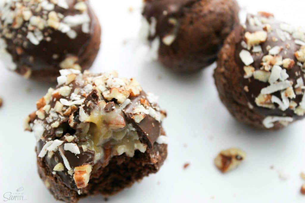 photos of german chocolate cake donut holes up close