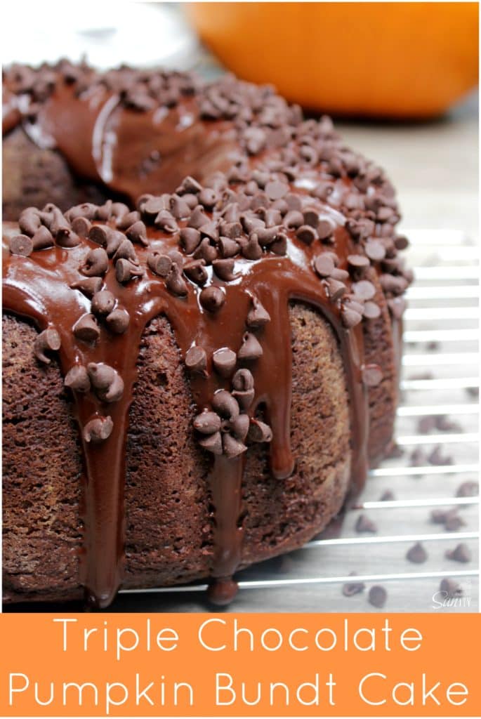 photo of triple chocolate pumpkin bundt cake on a wire cooling rack, topped with ganache and chocolate chips