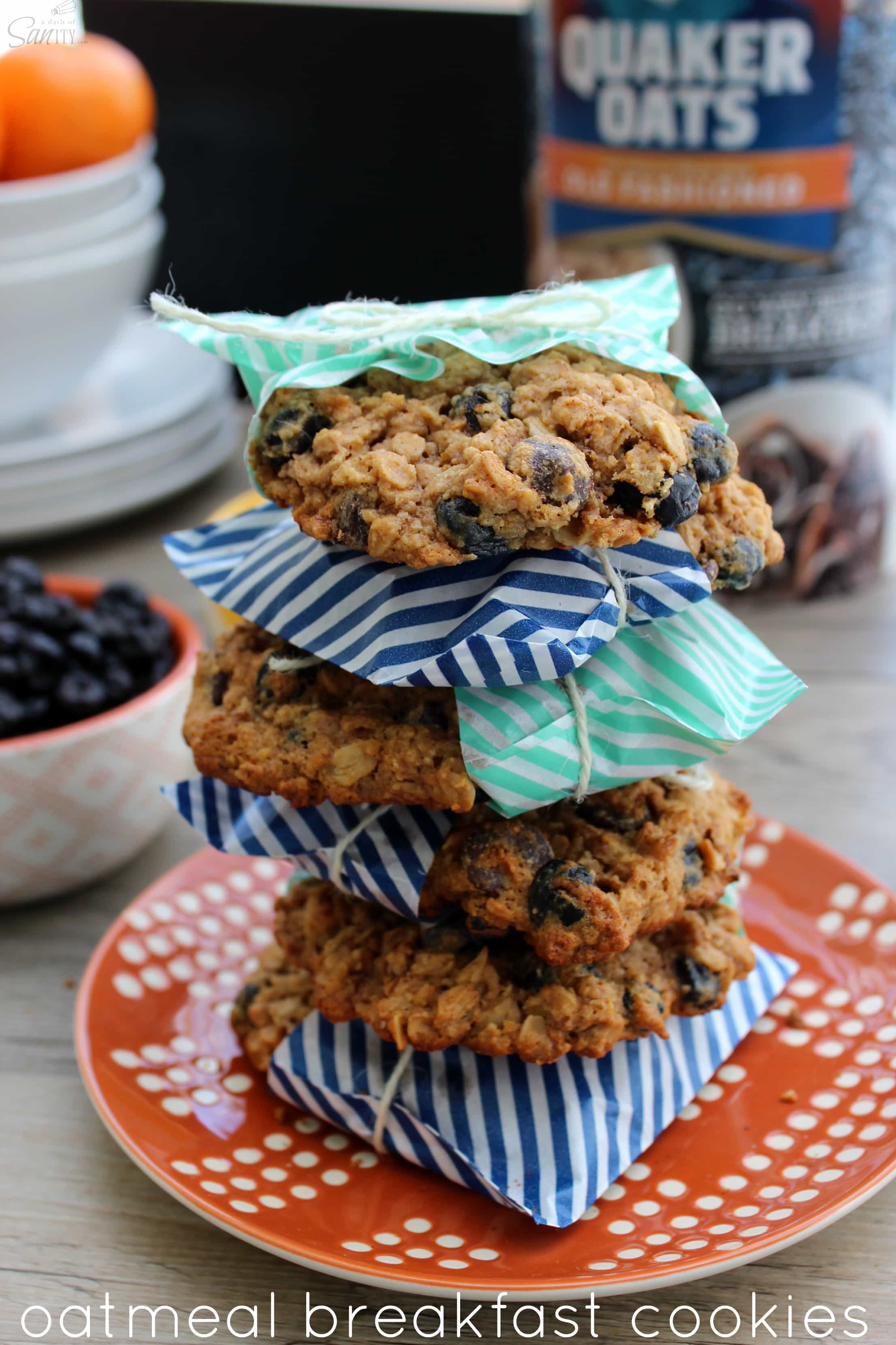 These Oatmeal Breakfast Cookies are a tasty protein filled way to the start off your day. They make a great snack to power through the afternoon. a stack of Oatmeal Breakfast Cookies