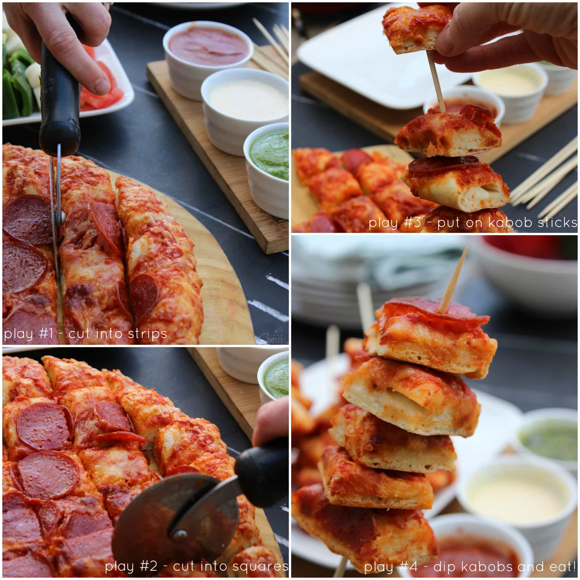 Be a game day champion with these easy Pizza Kabobs and 3 simple Homemade Dipping Sauce Recipes, including marinara, alfredo, & pesto. 