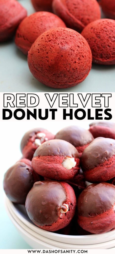 collage image of red velvet donut holes with recipe title