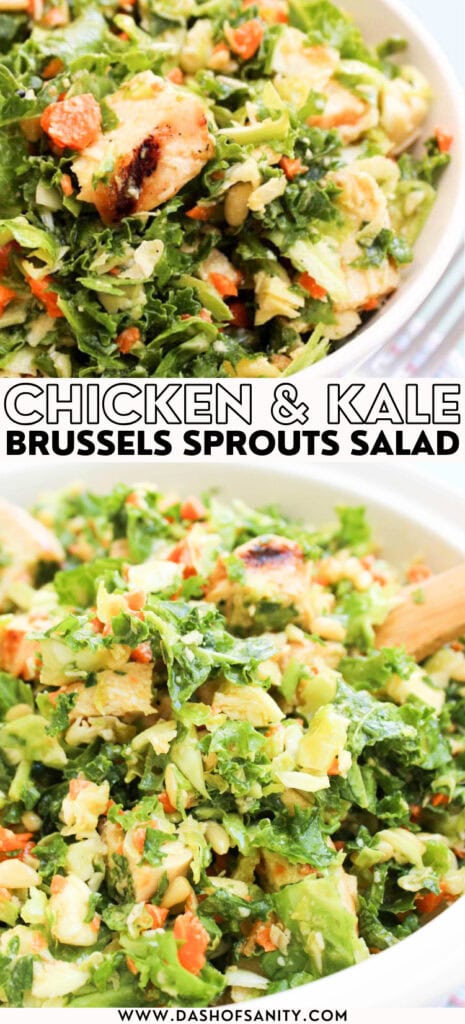collage image of Chicken & Kale Brussels Sprouts Salad with recipe title