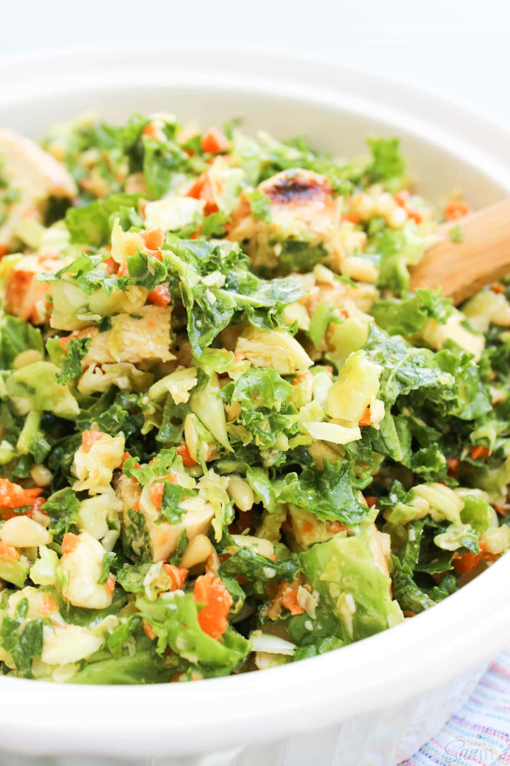 salad with kale, brussels sprouts and chicken