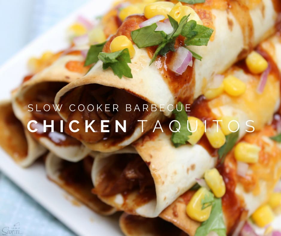 These Slow Cooker Barbecue Chicken Taquitos made with sweet barbecue chicken, rolled up in a baked taquito, and then topped with classic barbecue sides.