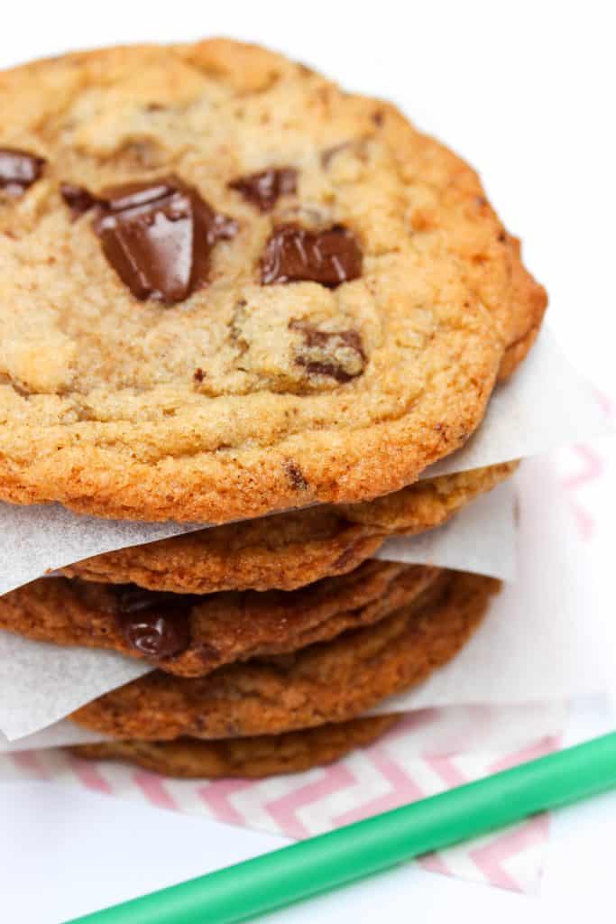 stack of Copycat Starbucks Chocolate Chip Cookies separated by parchment squares