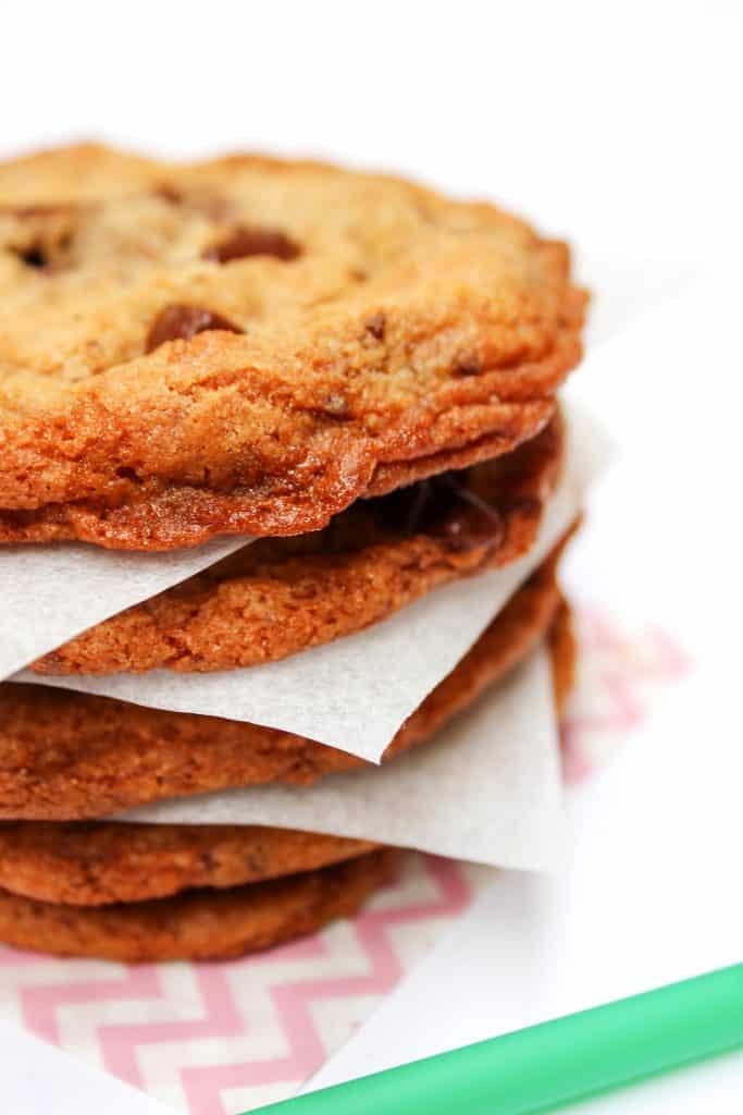 stack of Copycat Starbucks Chocolate Chip Cookies on parchment paper