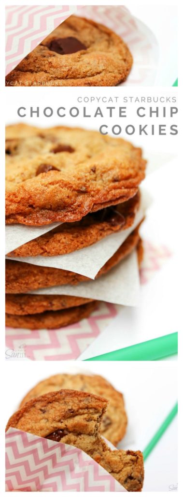 Copycat Starbucks Chocolate Chip Cookies up close, stack of cookies, cookie with bite taken out