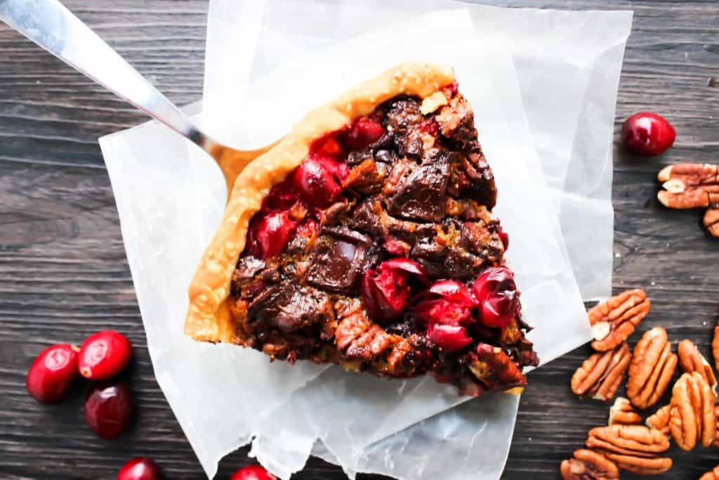 Chocolate Pecan Cranberry Pie slice