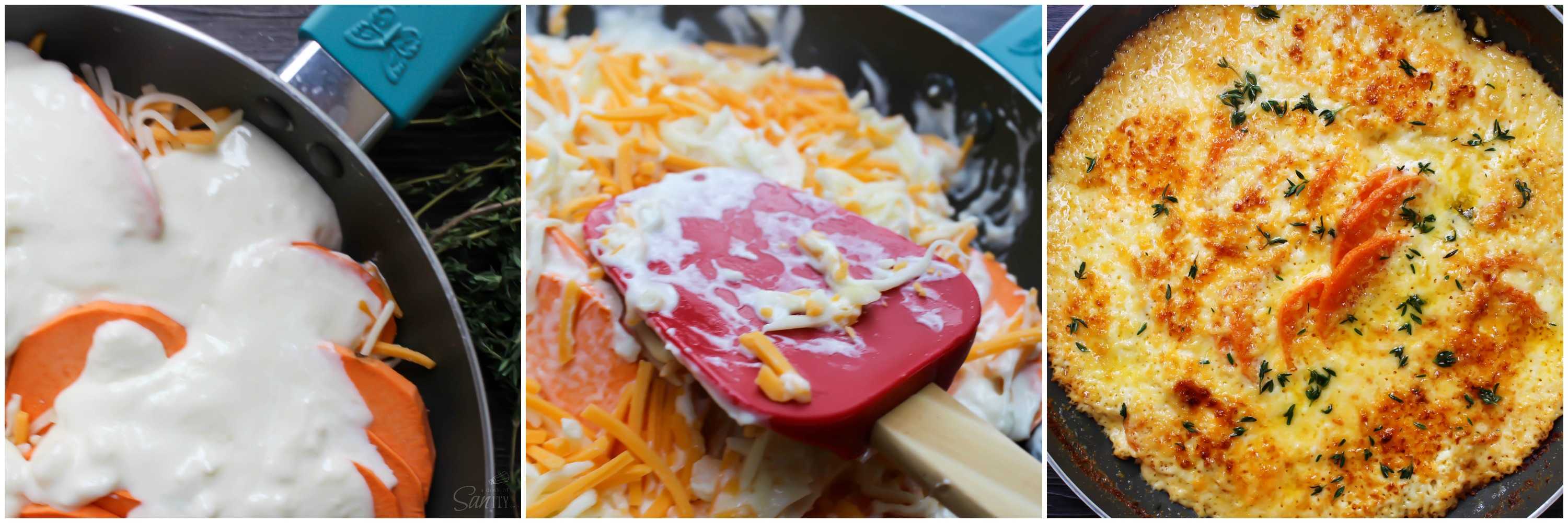 Skillet Scalloped Sweet Potatoes is an elegant twist on a holiday classic of Scalloped Potatoes. Layers of sweet potatoes, cheese, and a white cream sauce.