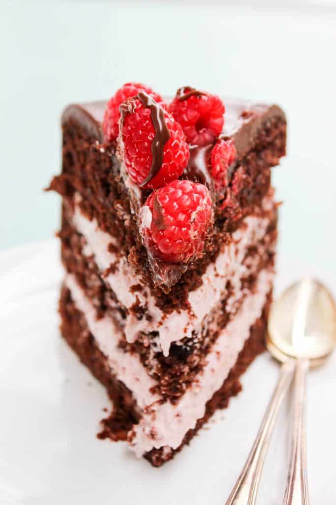 slice of chocolate raspberry cake with layers