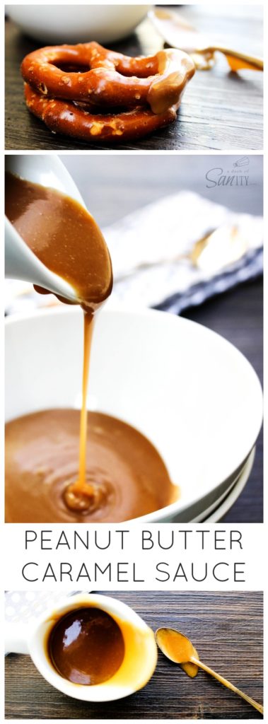 Peanut Butter Caramel Sauce on two hard pretzels. pouring Peanut Butter Caramel Sauce into a bowl. Peanut Butter Caramel Sauce in a gravy dish