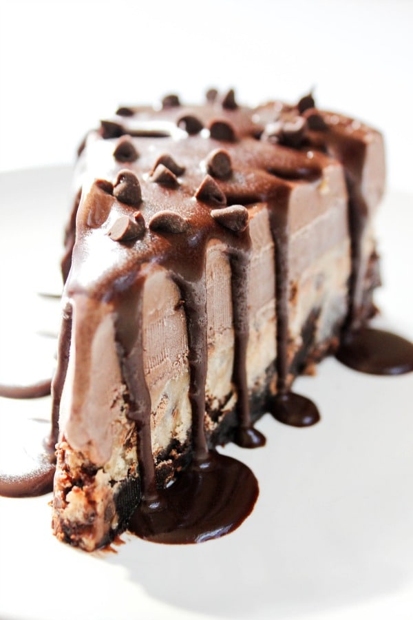 Brownie Chocolate Chip Cookie Dough Chocolate Ice Cream Cake is a layered cake of brownie, cookie dough, and chocolate ice cream, drizzled with hot fudge.