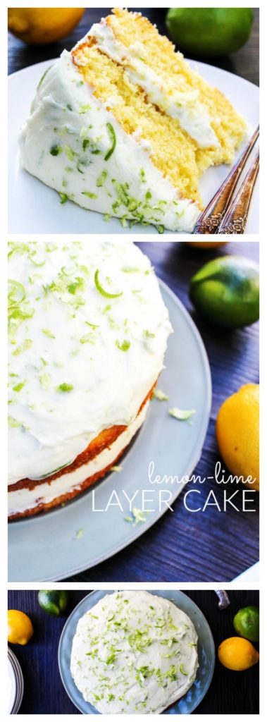 Top Photo: Slice of lemon lime layer cake. Middle Photo: Side of lemon lime layer cake, bottom photo: top down view of lemon lime layer cake