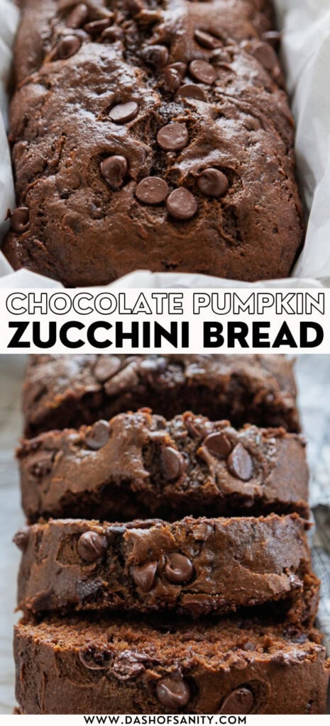 collage image of chocolate pumpkin zucchini bread with recipe title