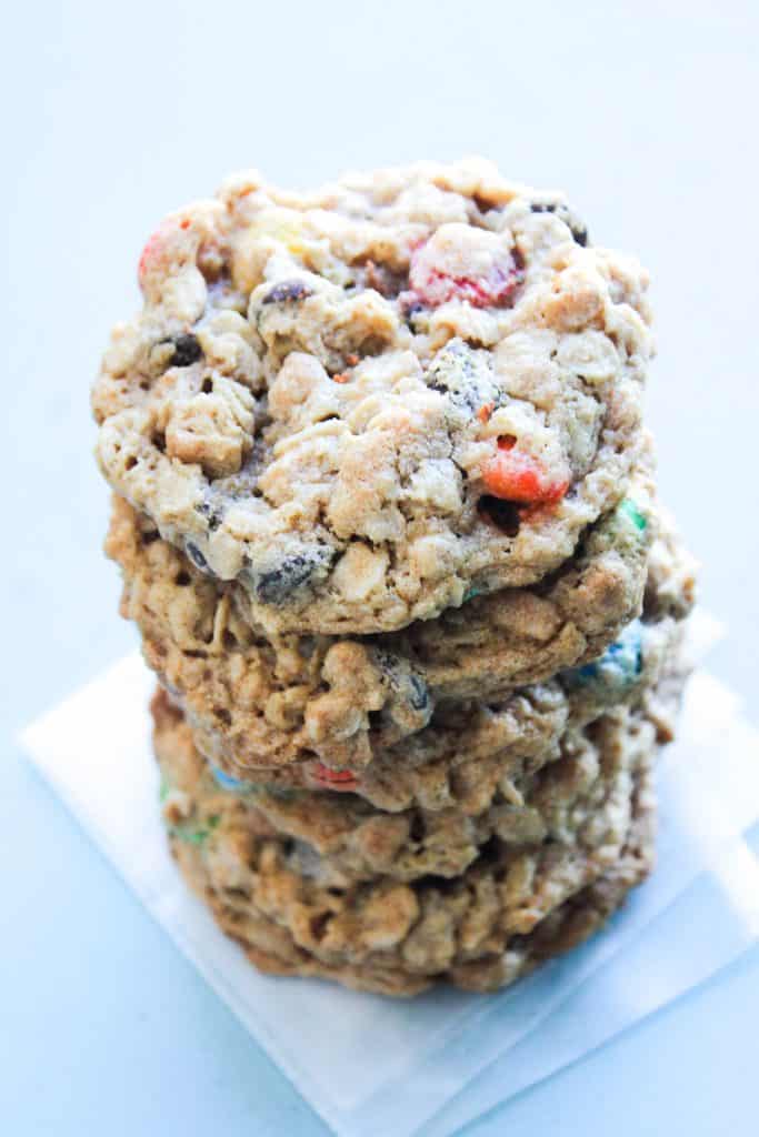 stack of monster cookies with M&M's