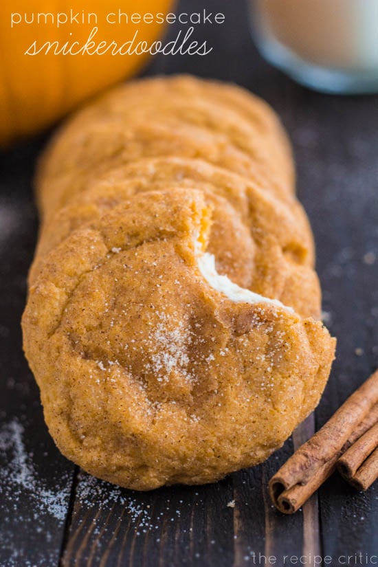 pumpkin snickerdoodles cookies filled with cheesecake filling rolled in cinnamon sugar
