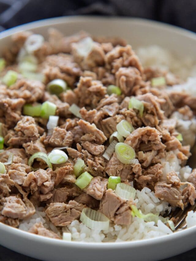 bowl of white rice with pork
