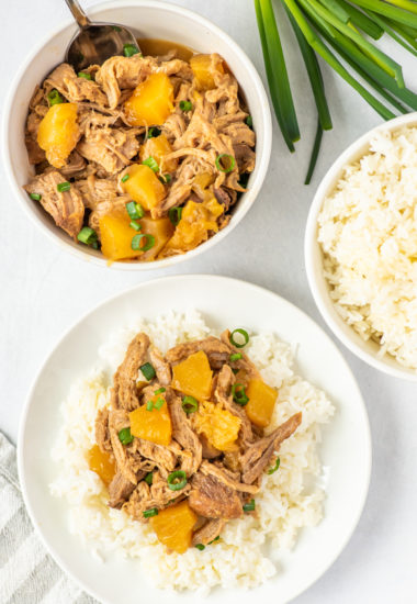 overhead photo of a plate of kalua pork with rice