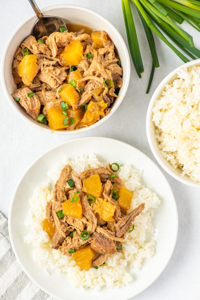 overhead photo of a plate of kalua pork with rice