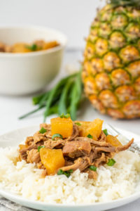 photo of kalau pork and rice on a plate with ingredients in the background