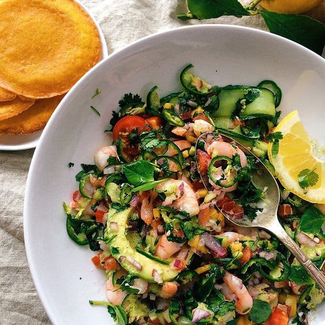 SHRIMP CEVICHE WITH FRUITY SALSA.