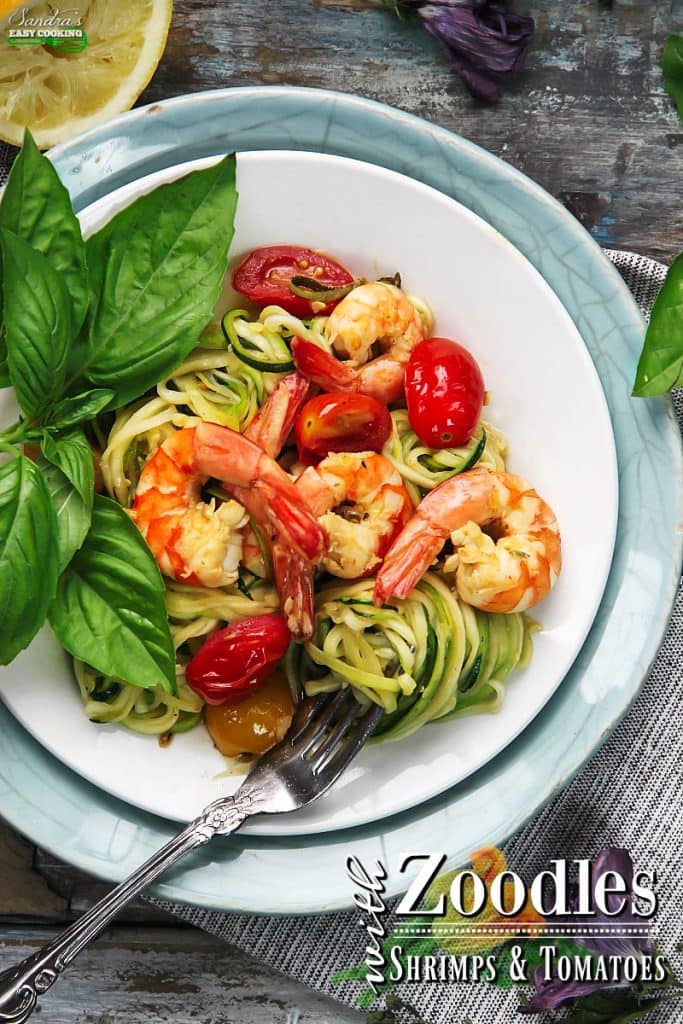 ZOODLES WITH SHRIMP AND TOMATOES.