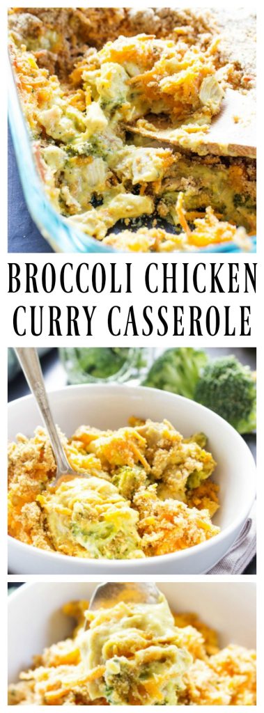 Broccoli Chicken Curry Casserole in a glass baking dish, Broccoli Chicken Curry Casserole served in a bowl with a spoon