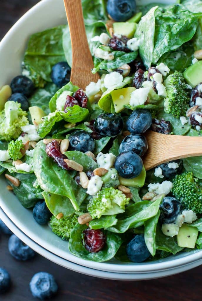 BLUEBERRY BROCCOLI SPINACH SALAD WITH POPPYSEED RANCH