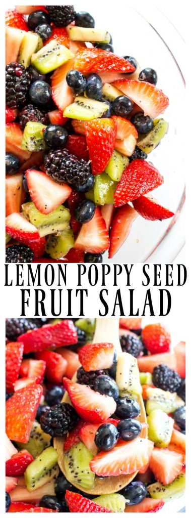 lemon poppy seed fruit salad with blackberries, strawberries, blueberries, kiwi and lemon glaze in a glass bowl