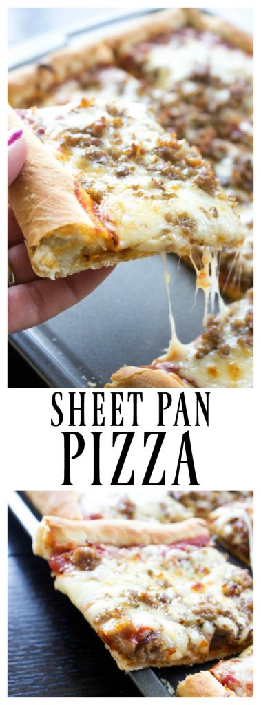 sheet pan pizza, homemade pizza, pizza, slice, cheese, sausage, baking sheet