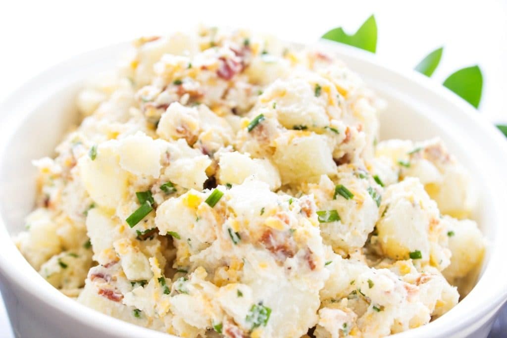 BEST EVER POTATO SALAD RECIPE, bacon, chives, cheddar cheese in white bowl 