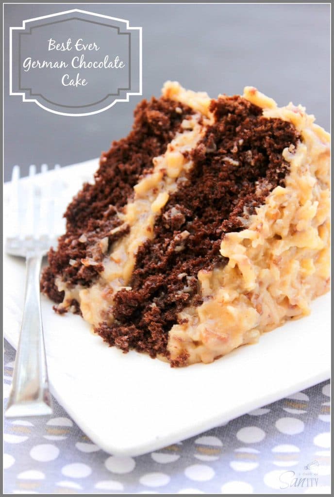 photo of a slice of Best Ever German Chocolate Cake on a square white plate with a metal fork