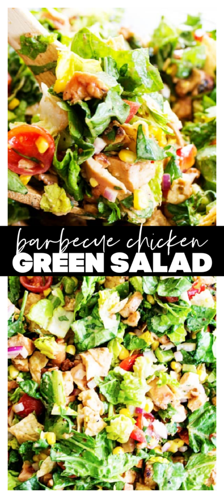 collage image green salad topped with barbecue chicken