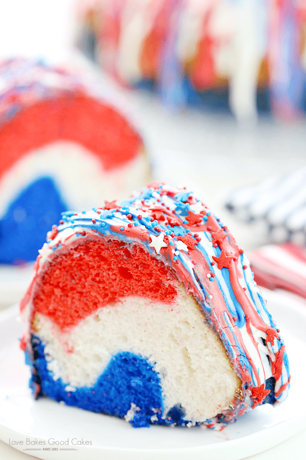 photo of a slice of red, white, and blue cake