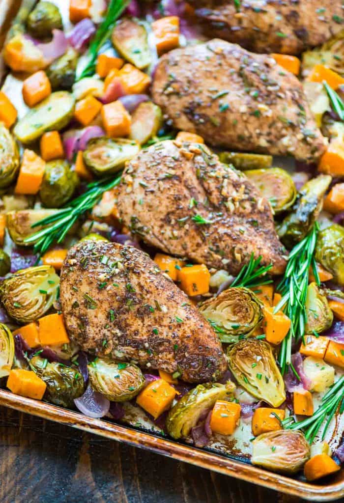 SHEET PAN CHICKEN, SWEET POTATOES, APPLES & BRUSSEL SPROUTS