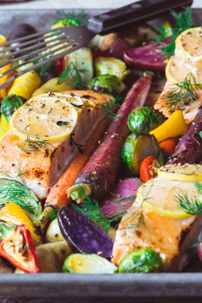 SHEET PAN SALMON WITH CARAMELIZED VEGETABLES