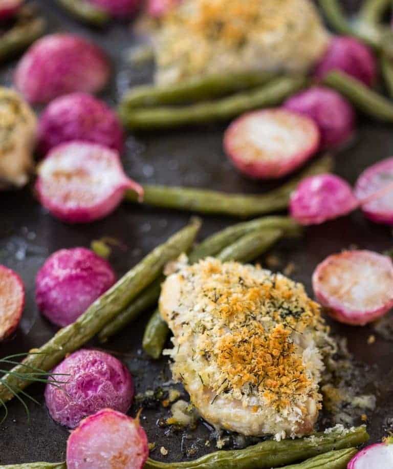 CRISPY CHICKEN THIGHS DIJON DILL SHEET PAN DINNER