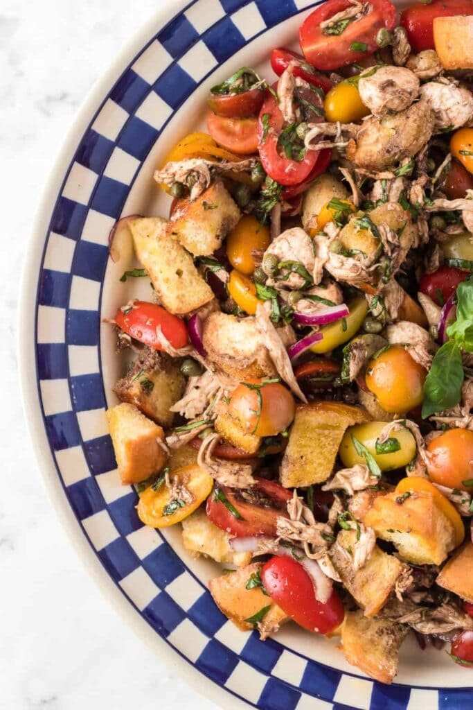 overhead shot bowl of Chicken Panzanella