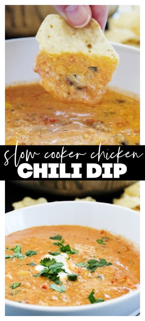 collage image of chicken chili dip in white bowl with chips