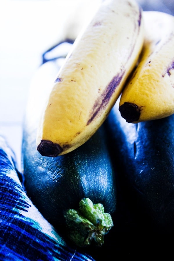 ZUCCHINI BANANA BREAD Zucchini and Bananas on blue napkin 