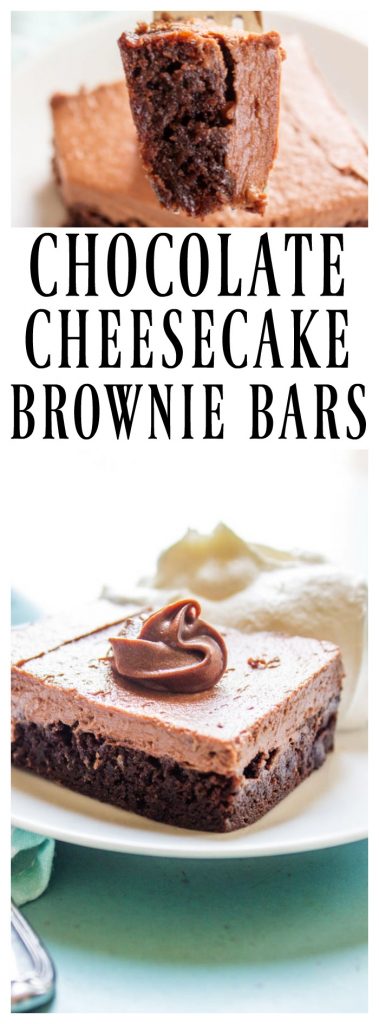 CHOCOLATE CHEESECAKE BROWNIE BARS - decadent and delicious this no-bake chocolate cheesecake with a fudgey brownie base will have you drooling. 